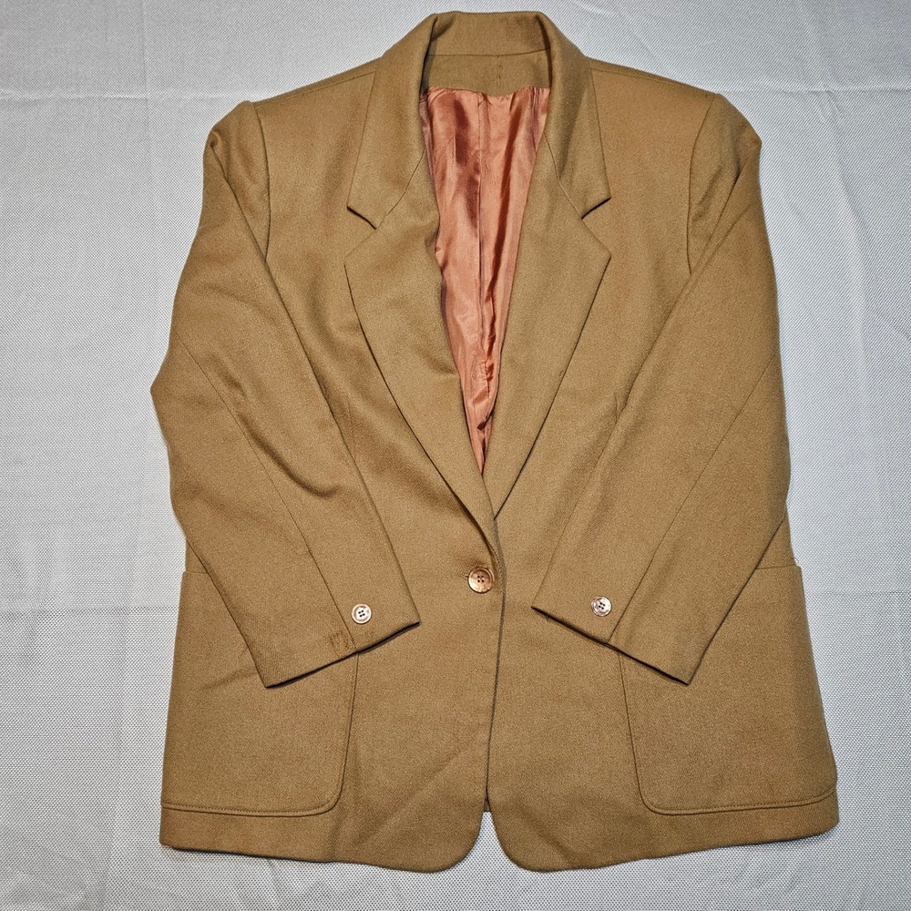 Vintage Tan Wool Blazer Women's Single Button Business Casual Tailored Jacket